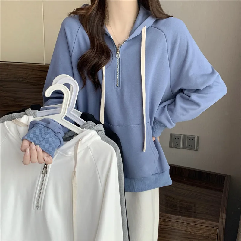 

2024 Spring New Streetwear Women's Hoodies Sweatshirt Autumn Half Zip Kangaroo Pocket Harajuku Pullovers Fleece Sudadera Mujer