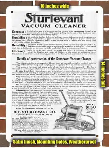 Metal Sign - 1910 Sturtevant Vacuum Cleaners- 10x14 inches