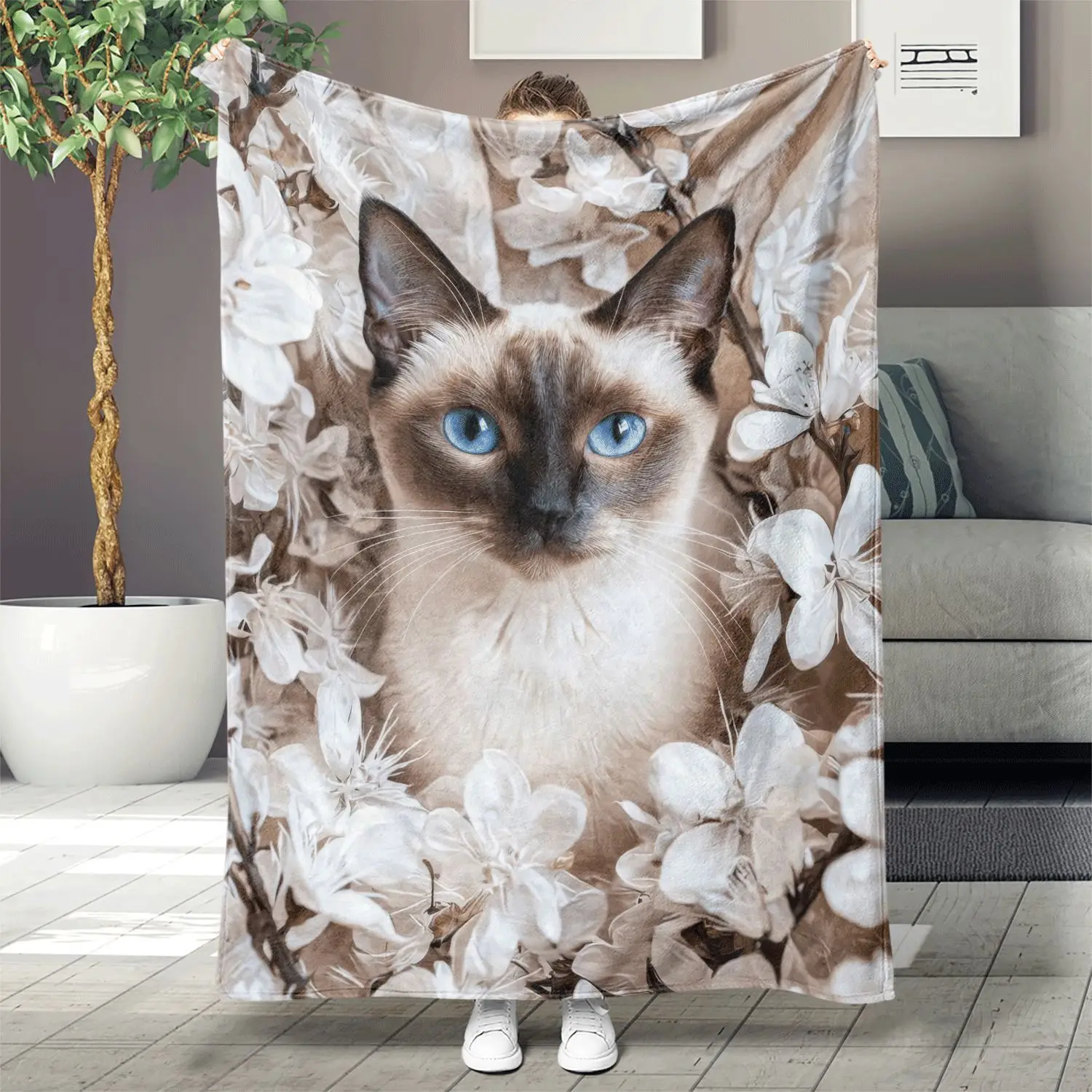 Contemporary Siamese Cat Print Flannel Fleece Blanket, Digital Print, Tear Resistant, Animal Theme, Knitted Polyester