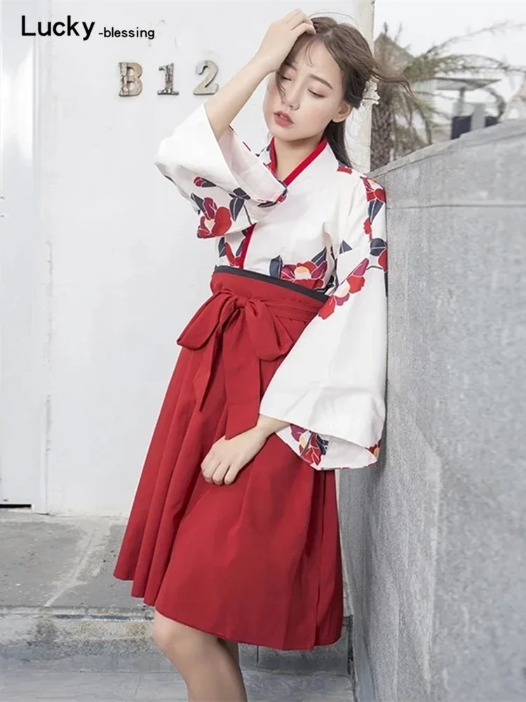 Japanese Style Floral Print Dress Long Kimono Skirt Kawaii Clothing Girls Party Robe Set Vintage Costume Asian Cosplay Women New images - 6