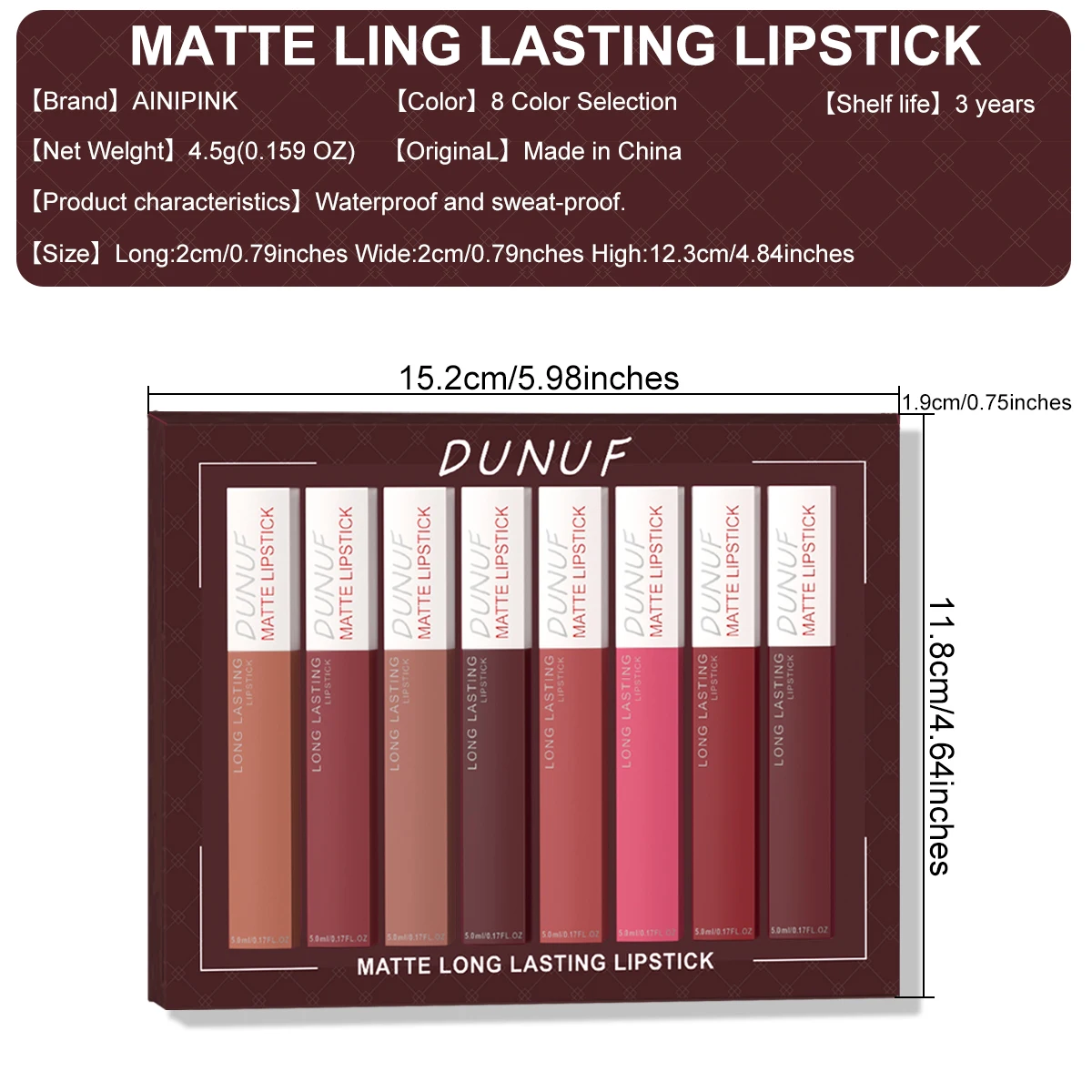 Matte Lip Gloss 8pc/set-Waterproof Long Lasting Non-Stick Cup Liquid Lipstick Kit Nude Bold Shades Moisturizing Lip Tint Makeup