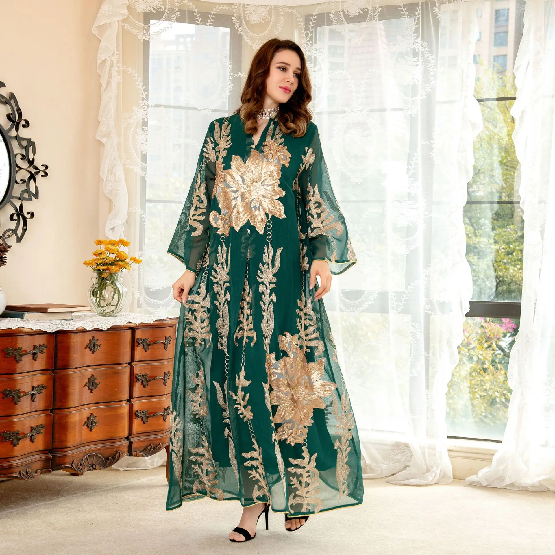 Robe de Soirée Arabe à Paillettes Dorées pour Femme, Broderie, Dubaï, Golfe Saoudien, Jalabiya, Style Islamique, Kaftan, Ramadan Musulman