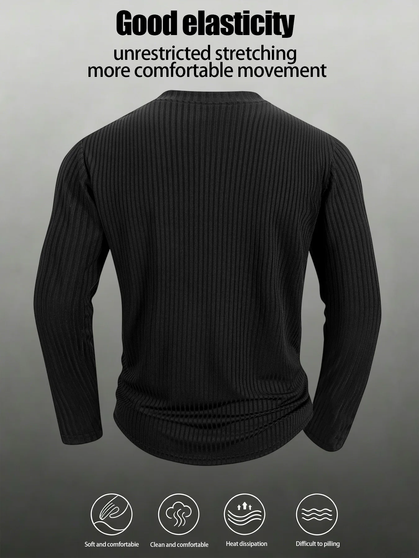Modisches, texturiertes, vertikal geripptes Herren-Langarmshirt mit Rundhalsausschnitt, elastisches Stretch-Strickoberteil, atmungsaktives Basic-Shirt für den Streetwear-Look – Detail 11