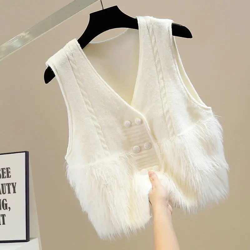 Elegant V-neck Knitted Double-breasted Furry Patchwork Outerwear 2025 Women's Vest