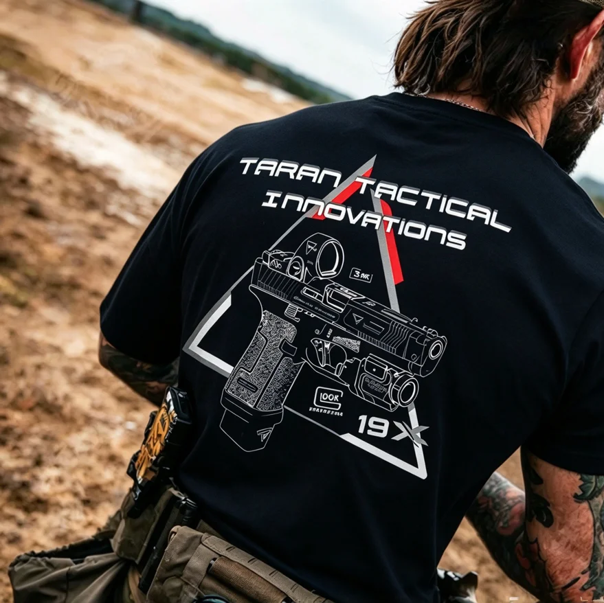 Taran Tactical Innovations 19X Pistol Back Graphic Print Unisex T Shirt Crew Neck Short Sleeve Tee Tactical Outdoor Shooting