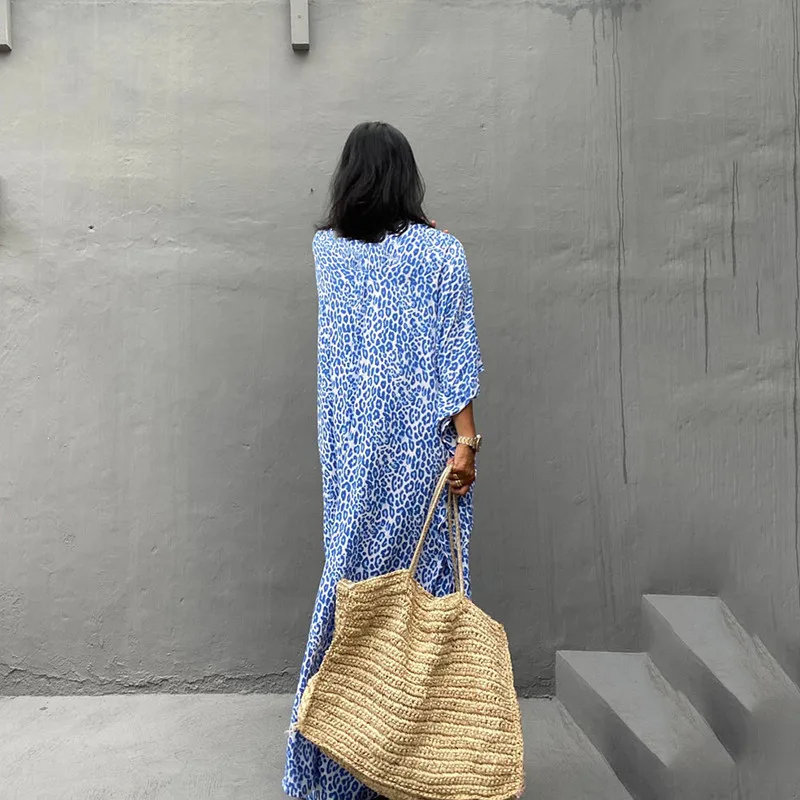 Blue Leopard Printing Bikini Cover Up Long Kimono Cardigan Loose Tunic Women Dress Beach Wear Swim Suit Cover Up