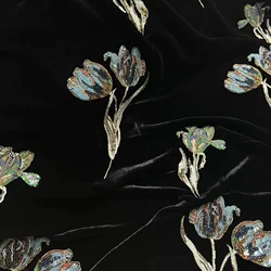 135CM Wide Beading Sequins Tulips Black Silk Velvet Fabric by Meter for DIY Sewing Dress Jacket Pants for Spring Winter R1714