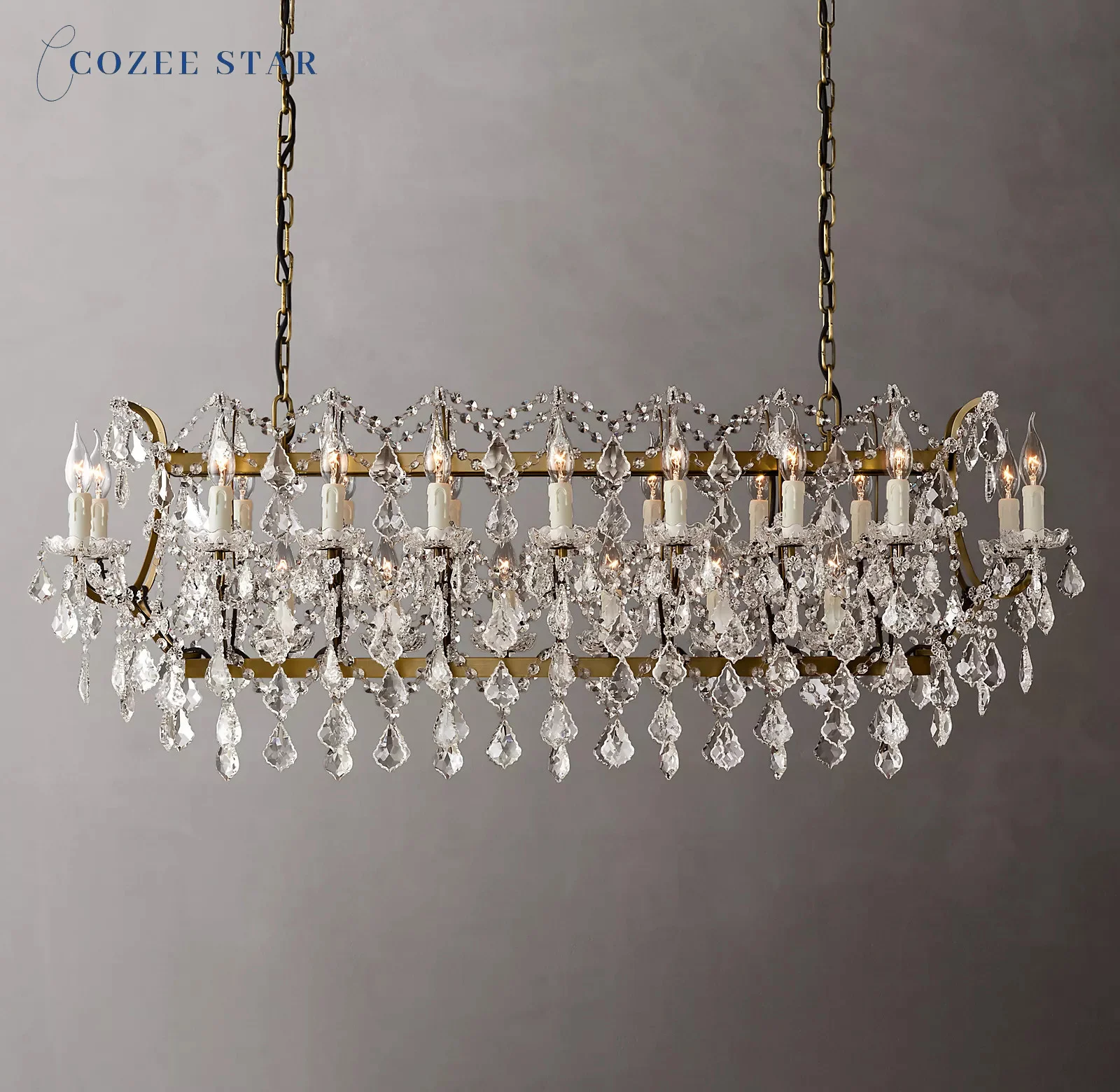 

19th C. Rococo Iron & Crystal Rectangular Chandeliers Modern White Brass Pendant Lights Dining Room Living Room Lamps Lustre