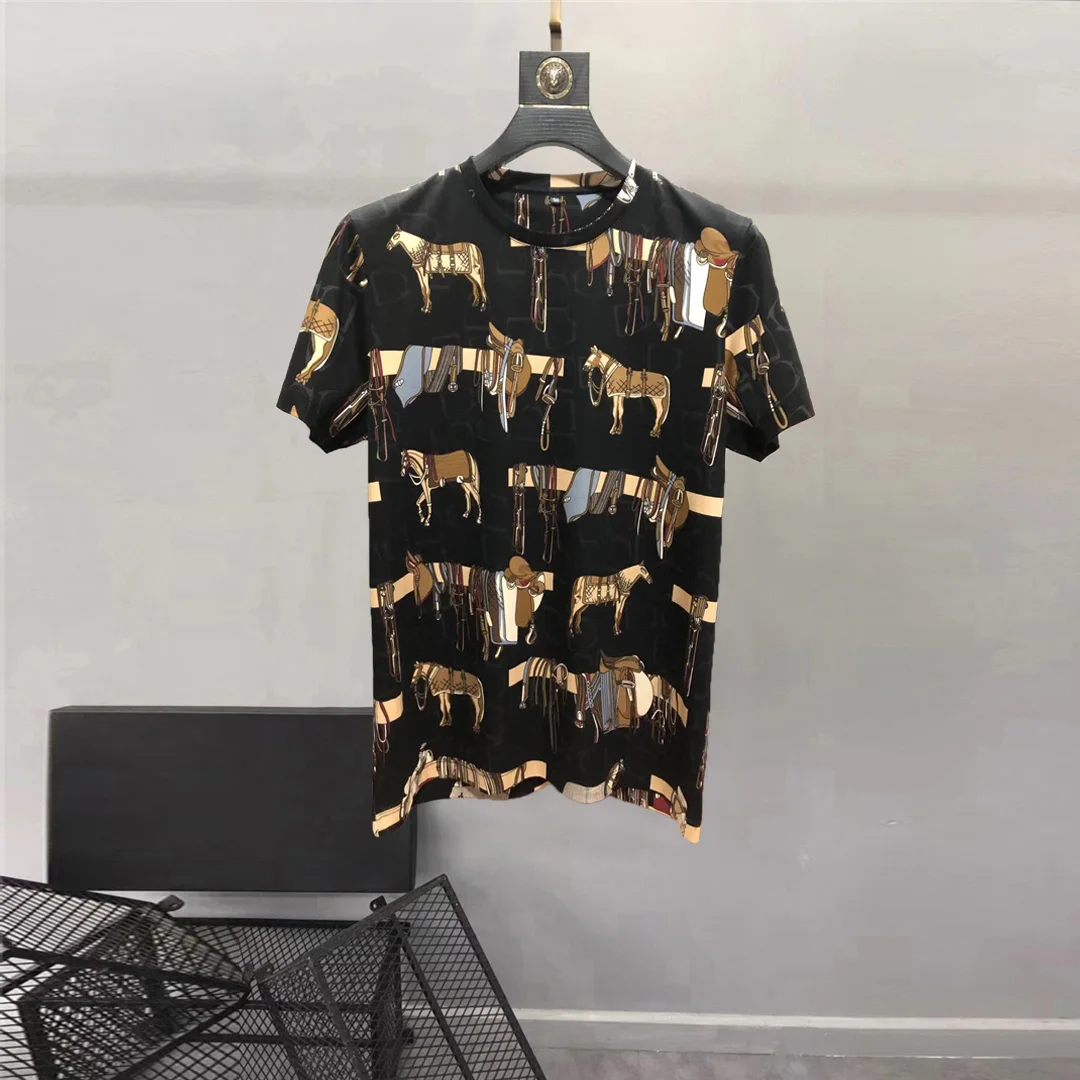 Europe and the United States men's 2024 winter new Short sleeve round collar halter Warhorse print Fashion T-shirt