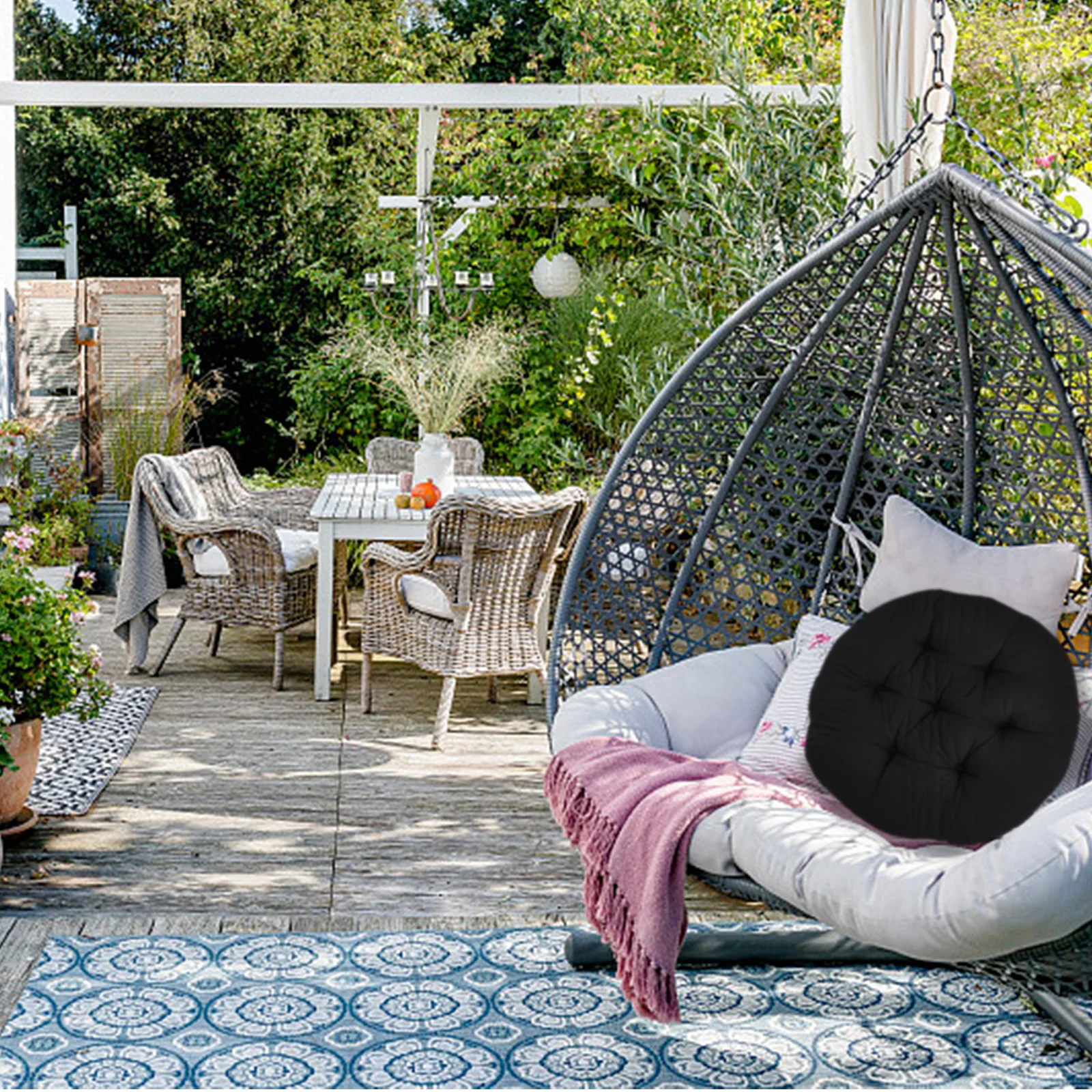 Indoor Outdoor Round Hanging Basket Chair with Rocking Feature Polyester Cover and Soft PP Cotton Filling for Relaxation