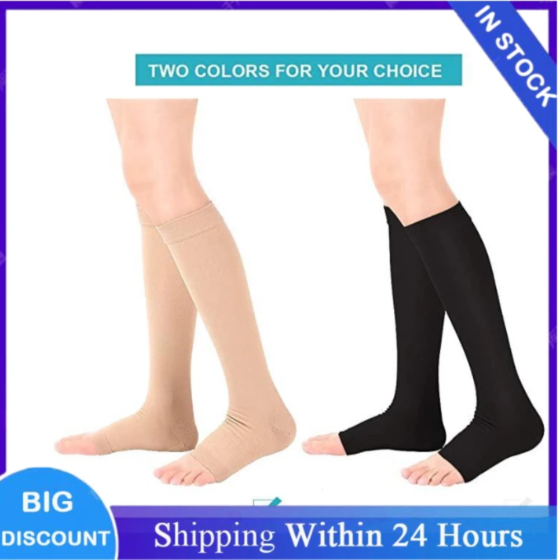 

Компрессионные градуированные гольфы (1 пара) для профилактики варикозного расширения вен, эластичные, с открытым носком, высокие до колена, размер S-L