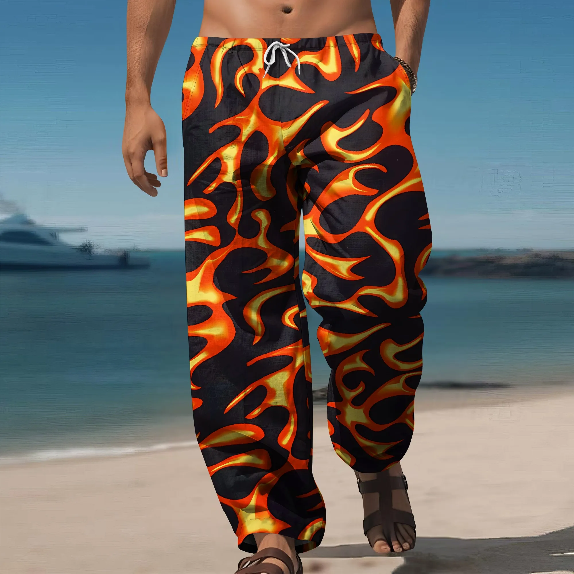 

YEAE Flame Print Casual Pants for Men Summer Loose Drawstring Trousers