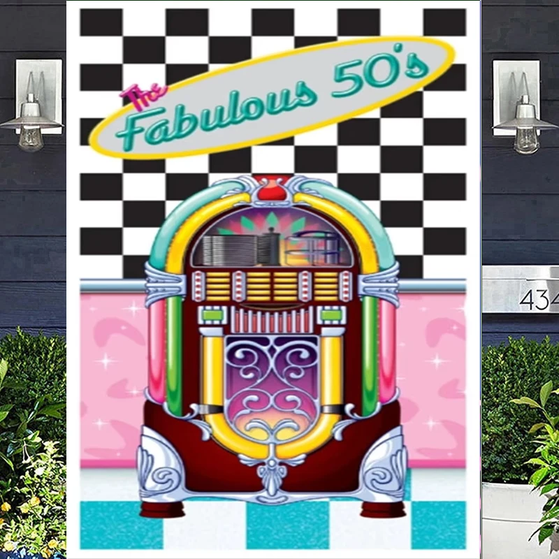 Photography Backdrop Juke Box Cutout Rock 'n Roll Door Cover For 1950's Theme Birthday Mystery Party Background Banner