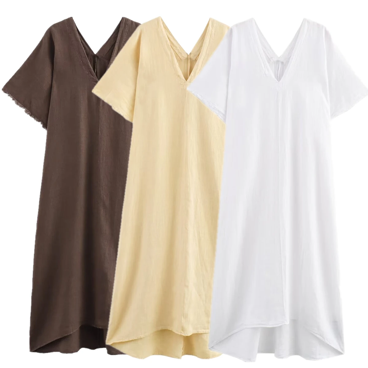 

Dave&Di Moroccan Lazy Style Loose Long Dress Minimalist Fashion Ladies Retro Linen Texture V-neck Midi Dress Women