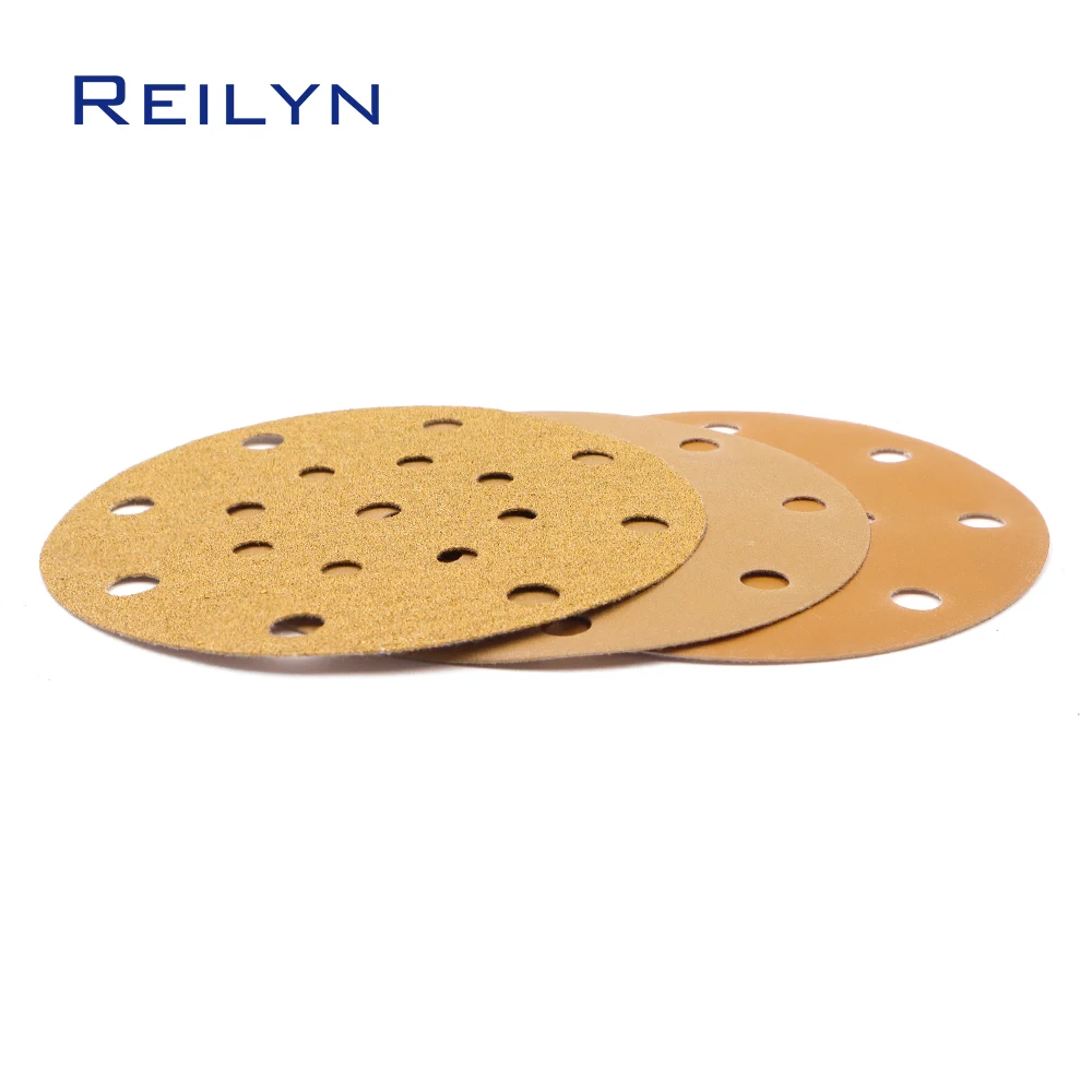 10pcs 6inch 17 holes Yellow Sand Paper 150mm Flocking Sand paper tray Polishing Pad Self-adhesive Loop Backing Polishing Disc