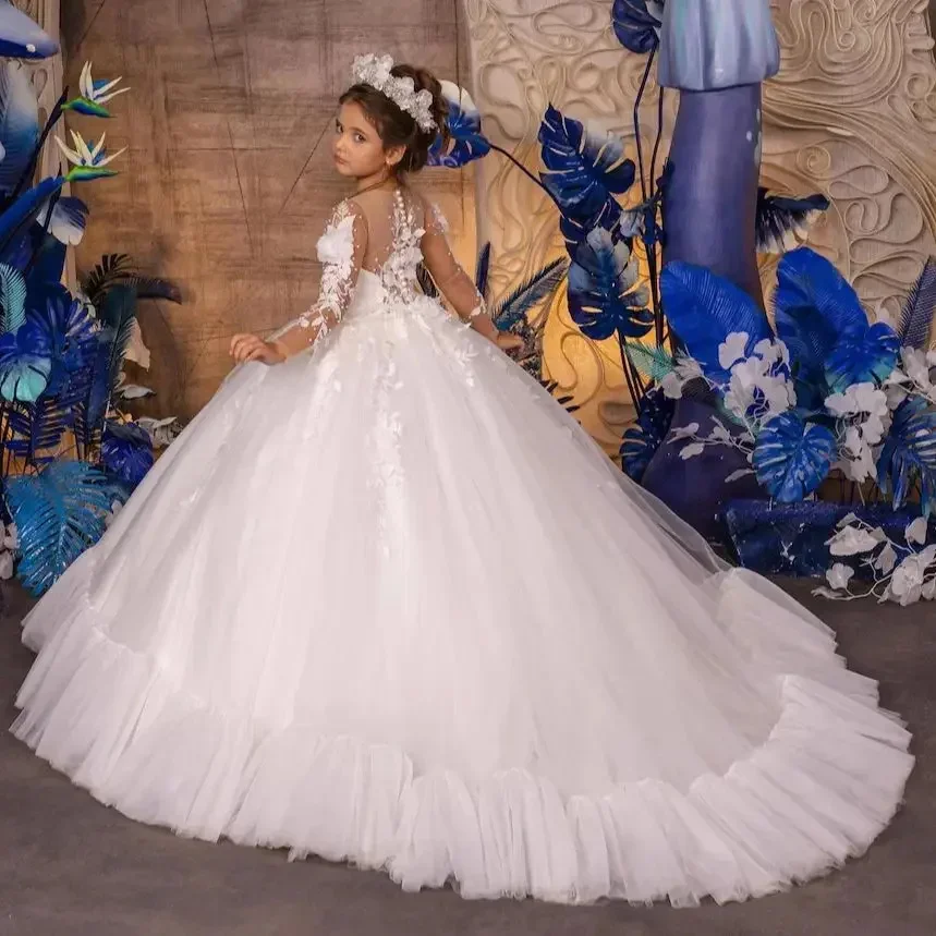 

Customized White Flower Girl Dresses For Wedding Appliques Tulle Pearls Floral Child First Communion Formal Events Pageant Gown