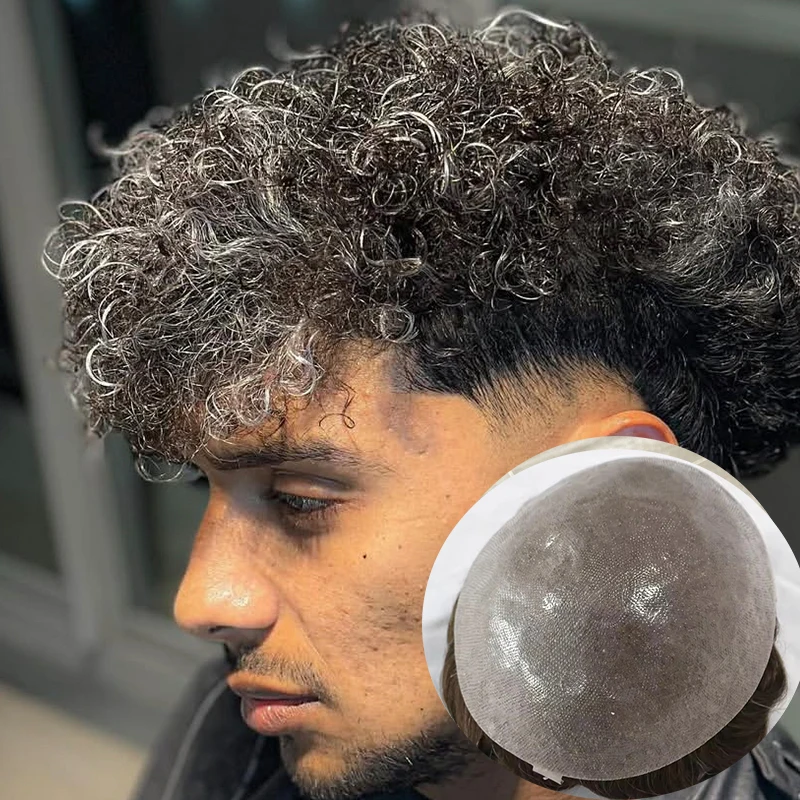 

1b40 Grey Black 18mm Afro Curly Natural Hairline 0.06mm Durable Super Thin Skin Invisible Mens Toupee 100% Human Hair Prosthesis