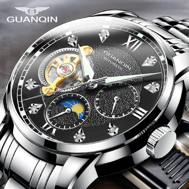 GUANQIN Brand Mechanical Moon Phase watch for men Tourbillon With drill Dial Men watches Stainless steel Waterproof Luxury Watch