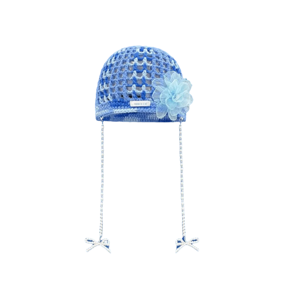 

Bohemian Style Crochet Tassel Beanies Hat Hollow Weave Flower Pullover Cap Handmade Dopamine Color Bow Pearl Beanie Cap