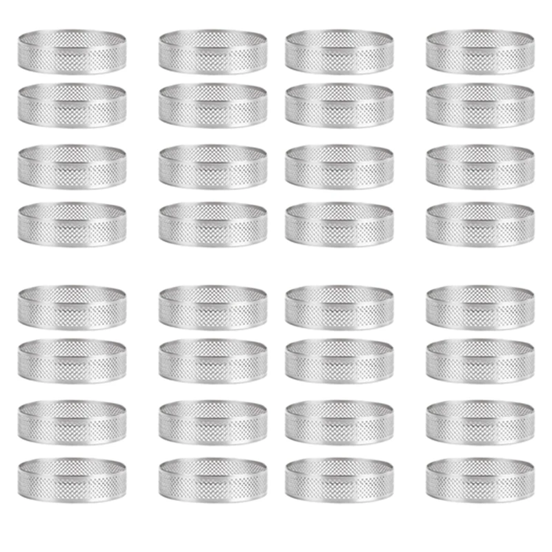 New-32Pcs Stainless Steel Tart Ring,Heat-Resistant Perforated Cake Mousse Ring Round Double Rolled Tart Ring Metal Mold 10Cm