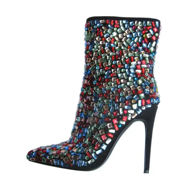 luxury Colorful Diamond Full Crystal Ankle Boots Thin High Heels Pointed Toe Boots Zipper Side Multicolors Rhinestone Woman