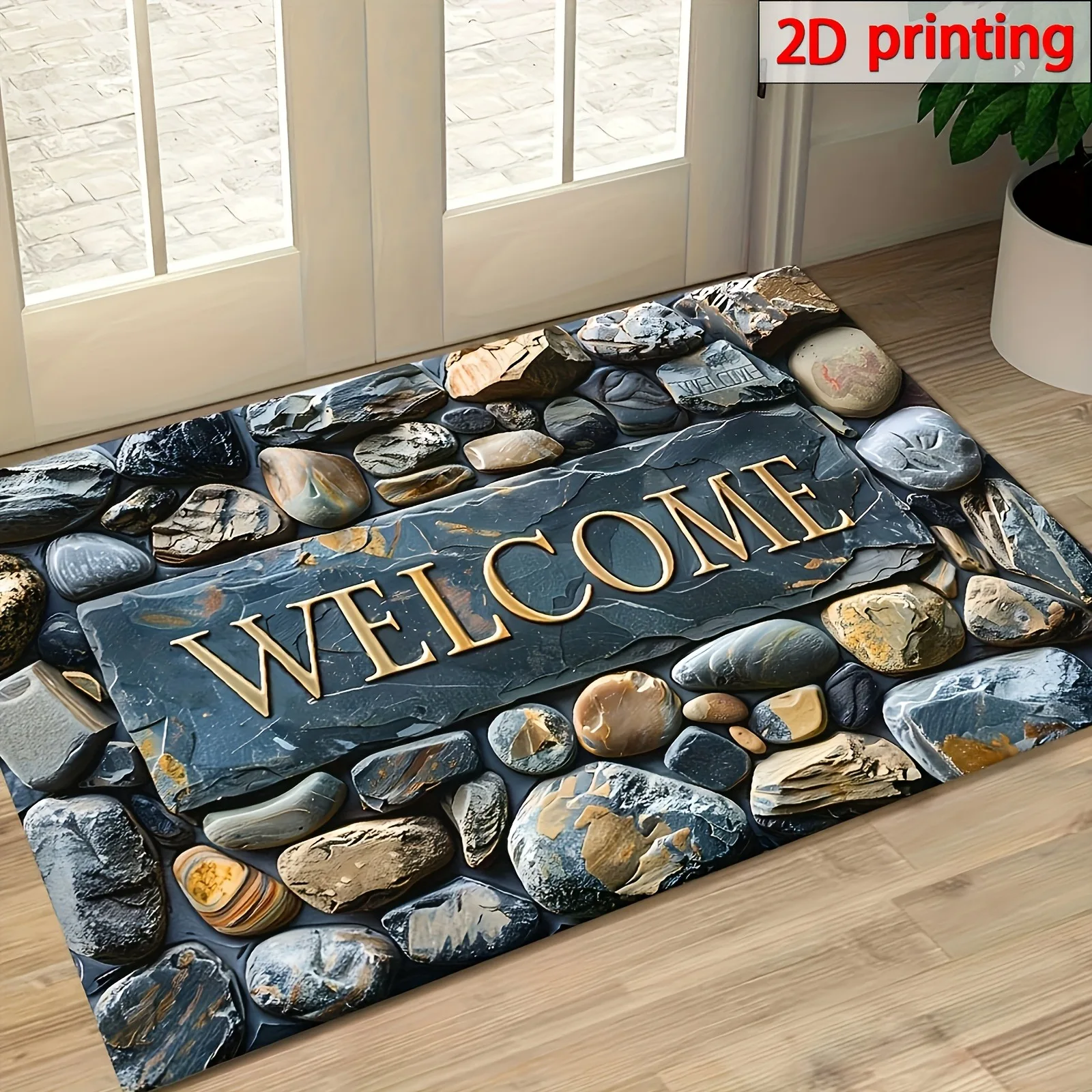 1pc Elegant Welcome Pebble Design Doormat - 6Mm Thick Polyester Rectangular Carpet, Stone Pattern - Non-Slip, Machine Washable Mat for Entrance, Living Room, Bathroom, Balcony - Luxurious Artistic Indoor Decor Carpet