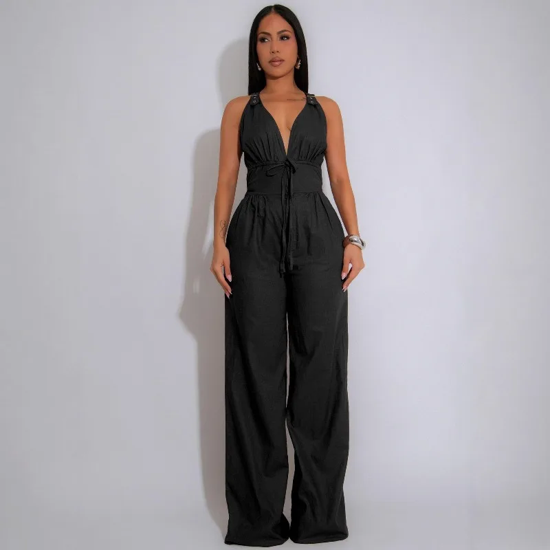 Kexu feminino ruched sem mangas com decote em v cinto perna larga macacões longos 2025 verão sexy festa praia moda rua outfit macacão