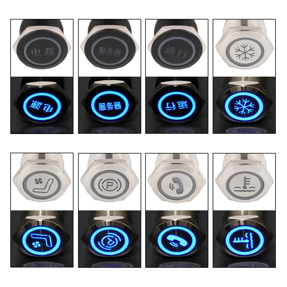 22mm Metal Push Button Switch with LED Light Laser Hollow Out Customize Icon Waterproof Latching Momentary 12V 220V 5V For DIY