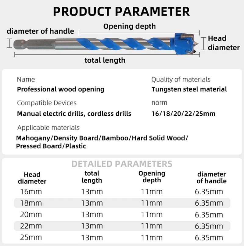 5pcs 16/18/20/22/25mm Forstner Bit Wood Cutter Drill Bit Wooden Hole Saw Woodworking Tool 130mm Extended Hex Drill Bits Set