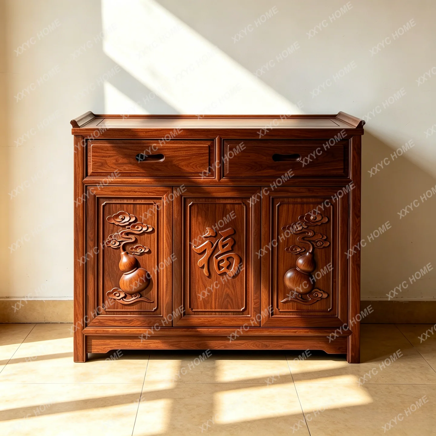

New chinoiserie ebony wood fulu sideboard living room storage carved word "fu" two drawers meal preparation cabinet