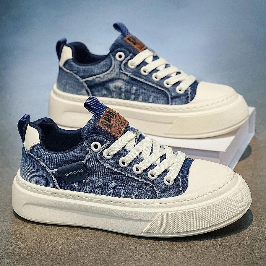 Vintage Distressed Denim Platform Sneakers Men's Frayed Raw Edge Canvas Shoes Chunky Lace Up Plimsolls Man Casual Blue Trainers