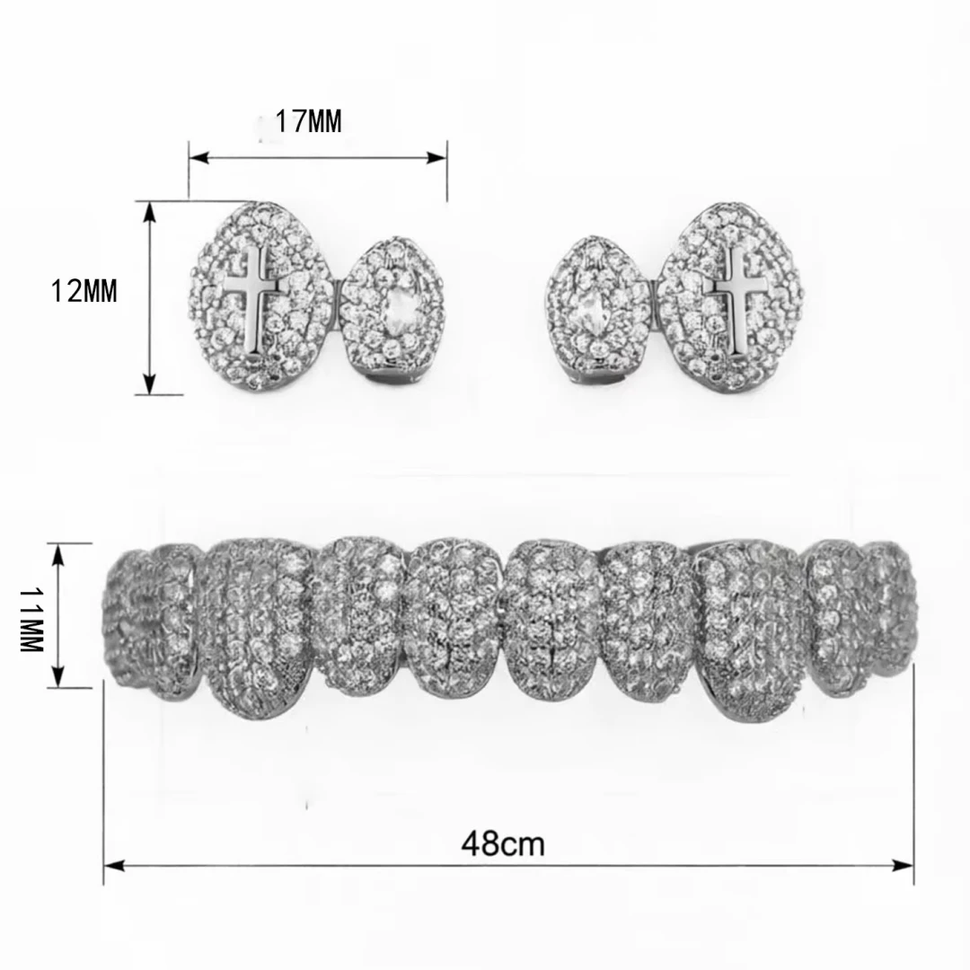 2-teiliges Hip-Hop Doppelzahn-Grillz-Set für Herren, massives Heiliges Kreuz CZ Ober- & Unterzähne Rapper Punk-Stil Glänzendes Weihnachtsgeschenk – Detail 9