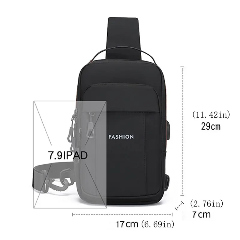 Polarshe-Bolso de pecho con USB para hombre, bandolera de hombro, impermeable, de tela Oxford, multifunción, de gran capacidad, para viaje