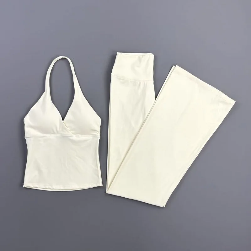 Damen 2-teiliges Gym-Set: Original Neckholder-Top, schmal geschnittene Yoga-Schlaghose, hochelastisch, weich, für Fitness, Workout, Pilates, Radfahren. – Detail 11