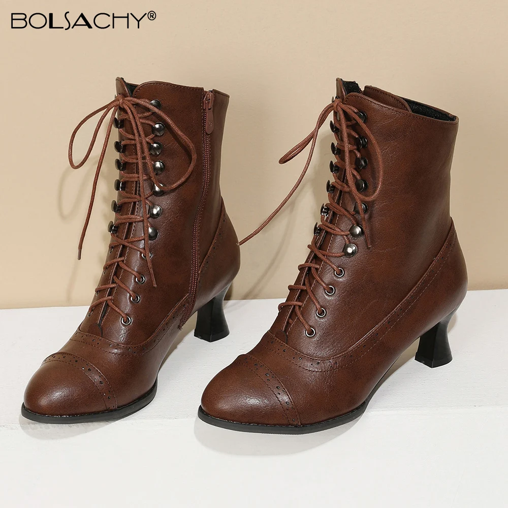 

woman zapatos mujer sapato winter women boots chaussure booties vintage PU leather mid heels pumps gladiator lace up shoes
