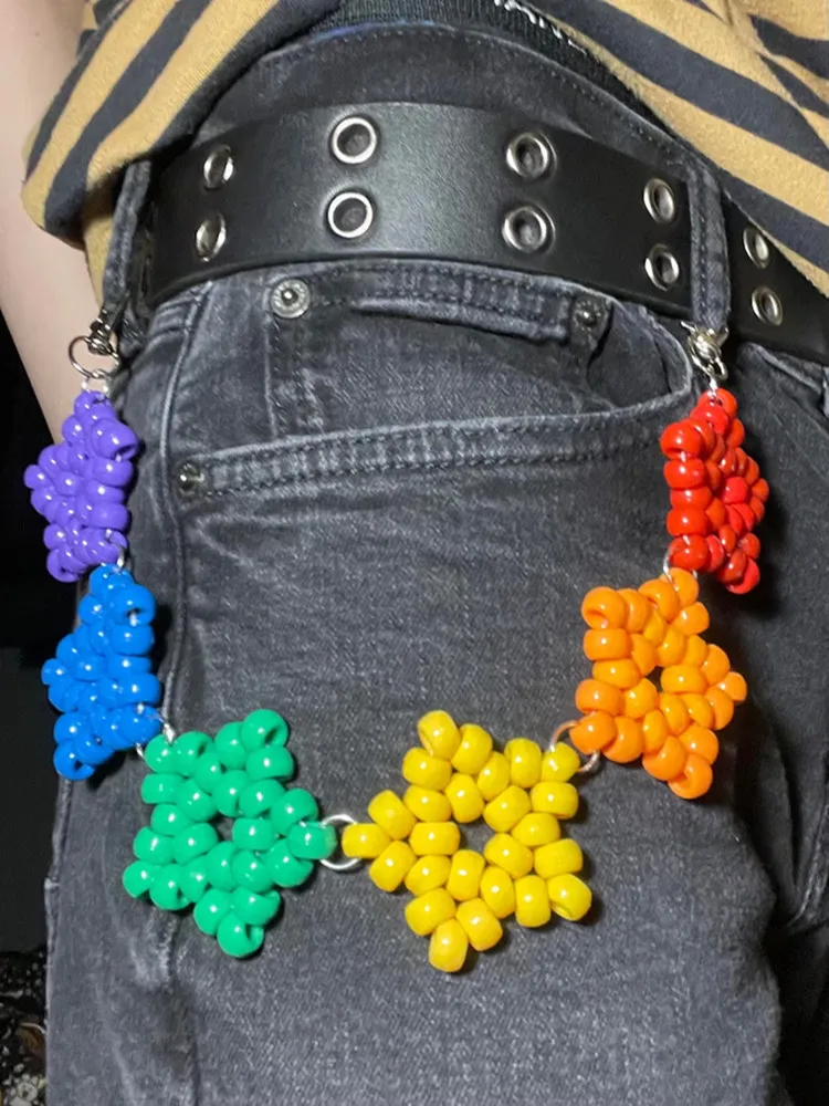 Handmade Punk Kandi Star Beaded Belt Chain - Iridescent Rave Festival Gothic Edgy Y2K Outfit Accessory for Party Concert