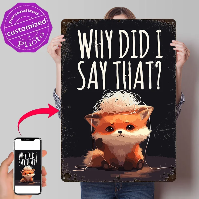 Cute Fox With Tangled String 3D Texture Metal Poster Customized Wall Art Tin Sign Gift for Mancave Aesthetic Decoration Room