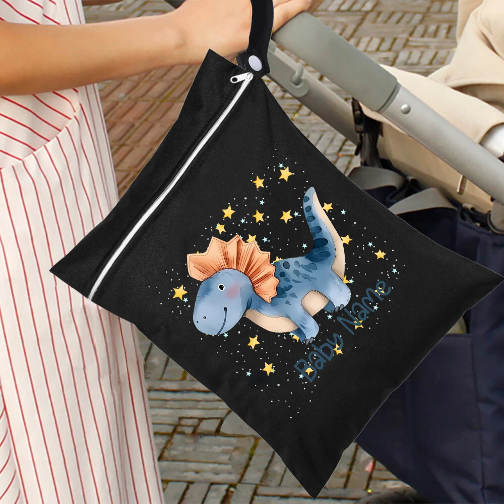 Cute Dinosaur Wet Dry Bag with Name for Baby Waterproof Reusable Washable Diaper Bag for Travel Beach Swimsuit Diapers