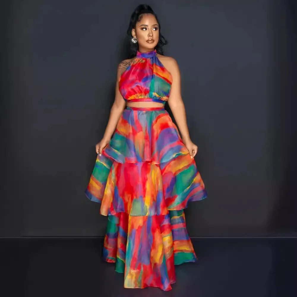 Summer Sexy African Clothes for Women 2024 Africa Sleeveless Print Polyester 2 Piece Top Long Skirts Matching Sets Outfits M-2XL