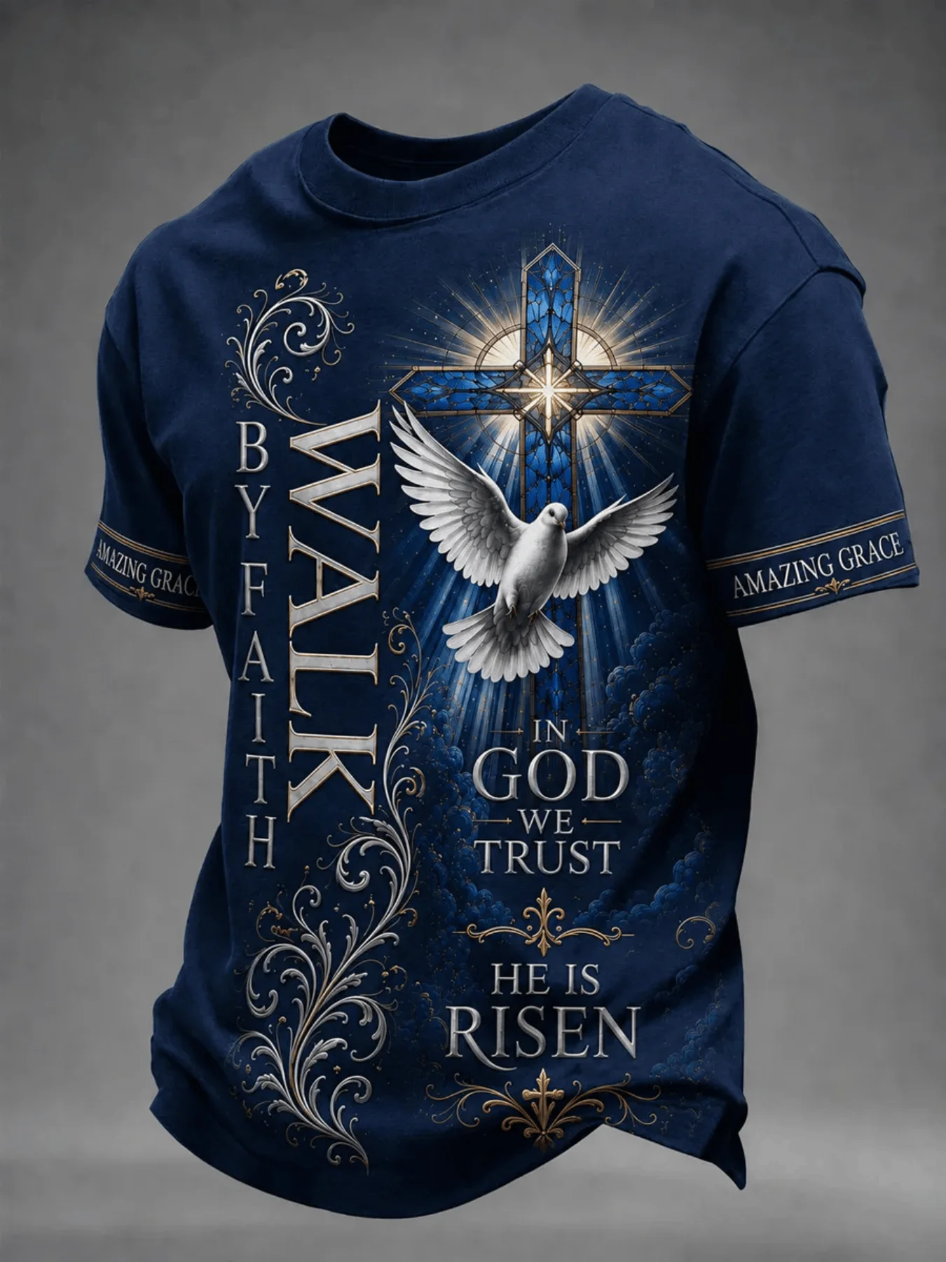 Men's navy blue short-sleeve T-shirt, featuring a cross, dove, and floral print, suitable for worship, daily commuting, and week