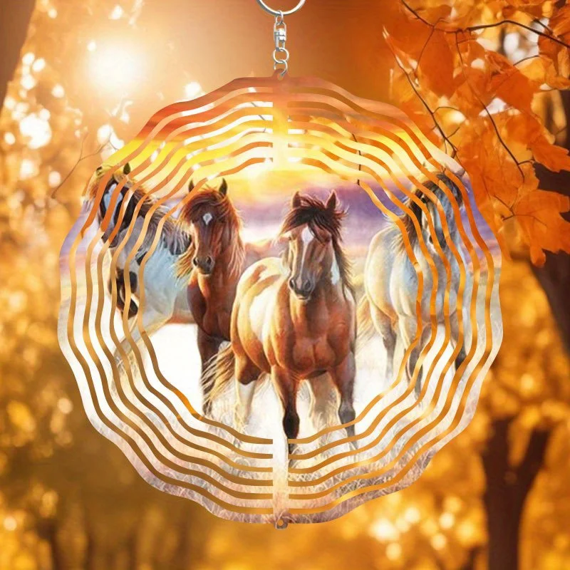 2D Flat, Bohemian Metal Running Horses Wind Spinner Suncatcher - Wall-Mounted Stained Glass Wind Chime with 3 Galloping Horses