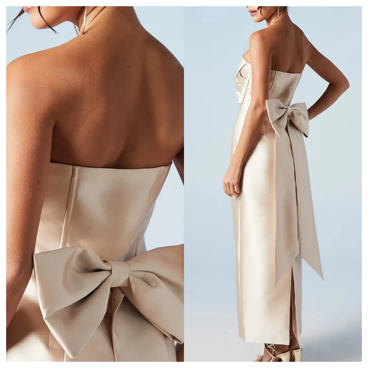 Vestido de noche de satén marfil elegante personalizado, sin tirantes, sin mangas, vestido de fiesta con lazo, vestidos para ocasiones especiales de alta calidad