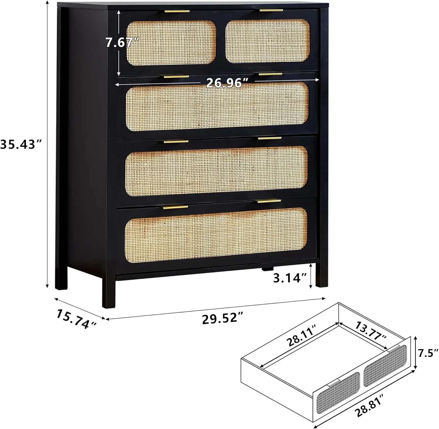 Drawer Dresser Chest 2pc Set Rattan Dresser Chests Storage Cabinet with Metal Handles Wooden Chest of Drawers Dresser