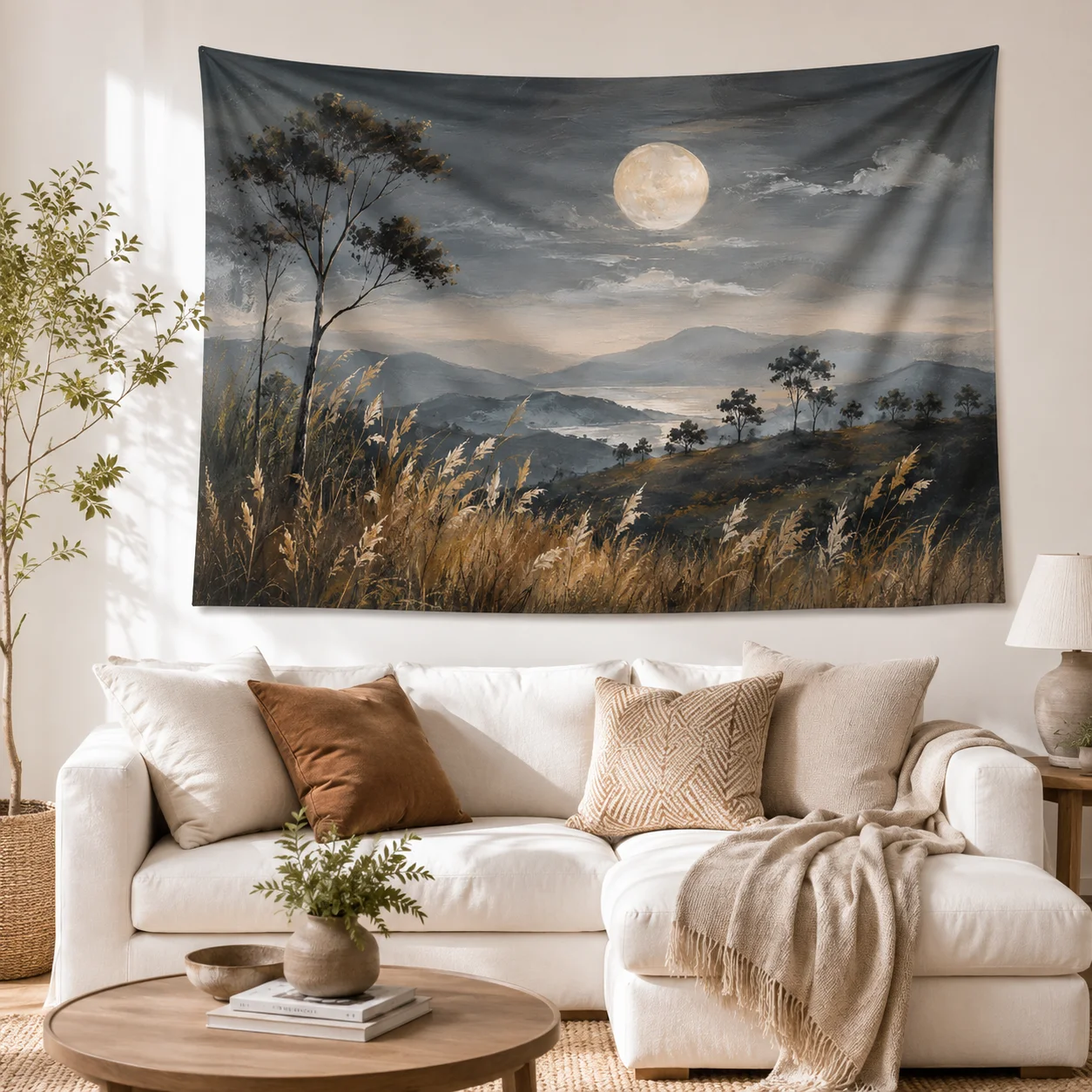 Moon Mountain Reed Landscape Wall Tapestry Neutral Vintage Tree Wall Hanging Aesthetic Bedroom Home