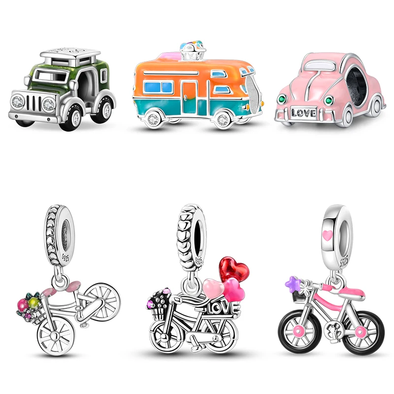 

100% 925 Sterling Silver Red Car Motorcycle Locomotive Bicycle Pink Keys Charms Beads Fit Pandora Original Bracelets DIY Jewelry