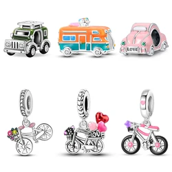 100% 925 Sterling Silver Red Car Motorcycle Locomotive Bicycle Pink Keys Charms Beads Fit Pandach Original Bracelets DIY Jewelry