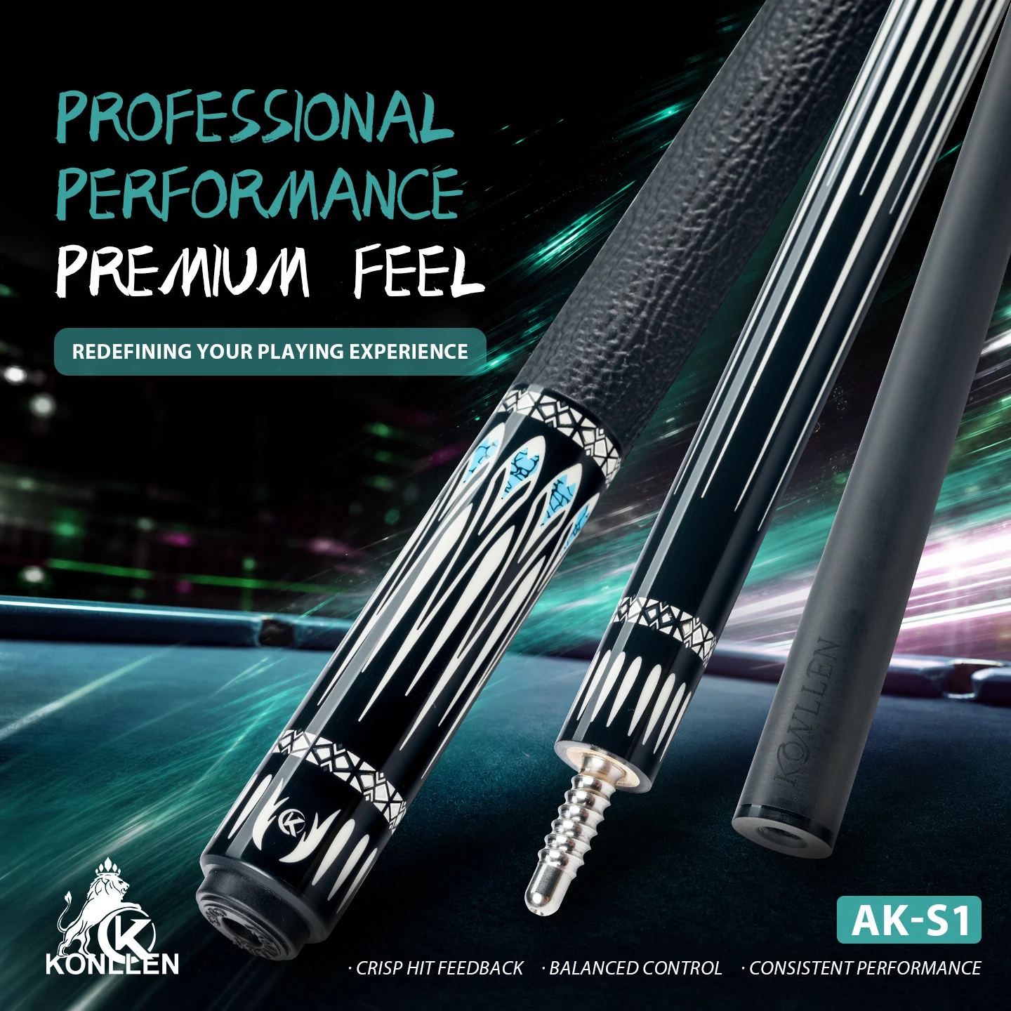 KONLLEN Carbon Fiber Pool Cue Low Deflection Pro Taper 58in 12mm Tip 3/8x8 Joint Professional Pool Stick Billiard Cue for Adults