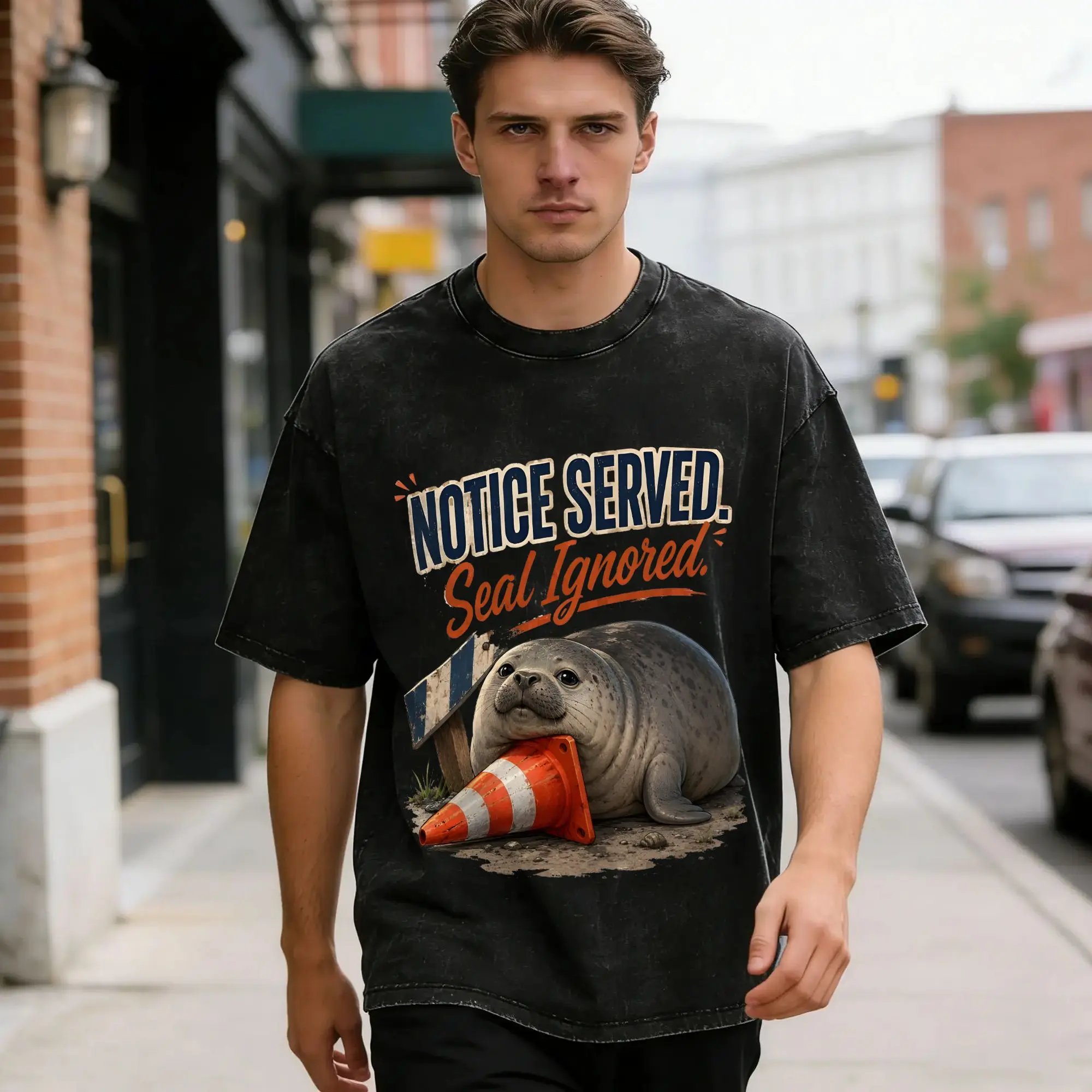 Vintage Neil the Seal  T-Shirts Men Round Neck 100% Cotton Washed T Shirt  Short Sleeve Tees Adult Clothing