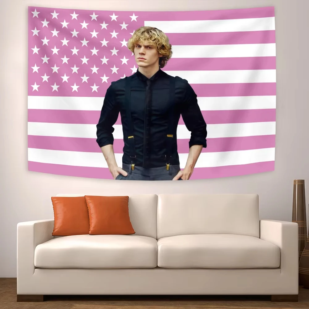 Tapisserie drapeau américain Evan Peters - Bannière murale mème amusante, décoration de style viral pour chambre, toile de fond de fête et usage domestique, impression plate