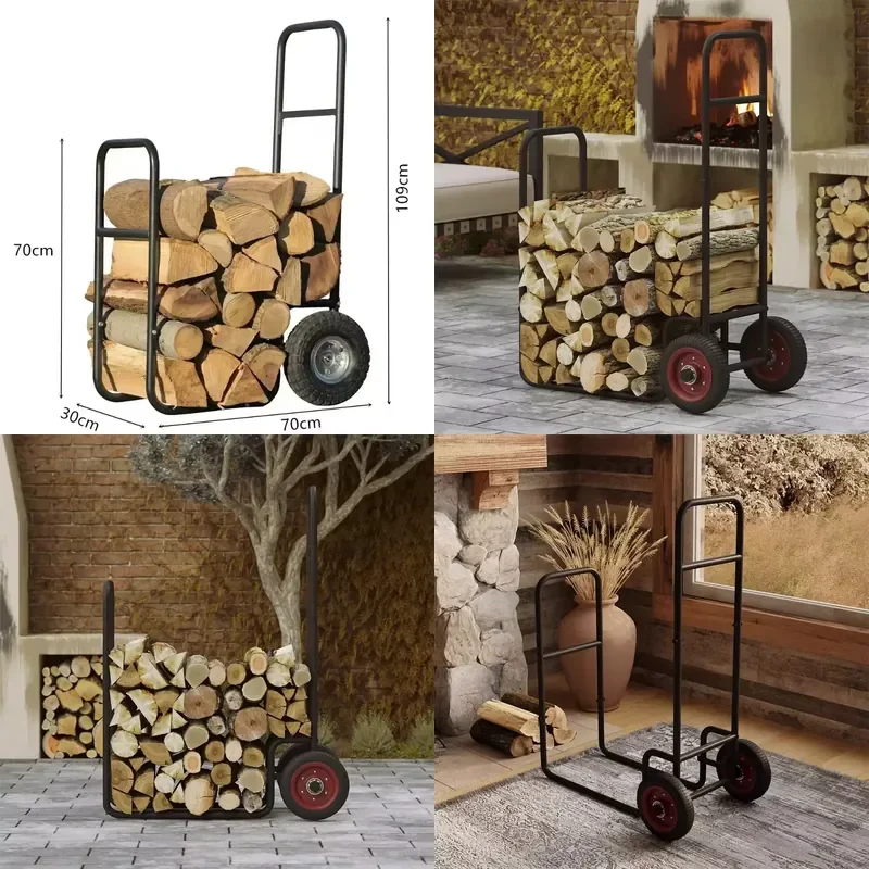 Wood-Burning Vertical Hand Cart Indoor/Outdoor Firewood Rack Storage and Transport Cart Heavy-Duty Steel with Wheels